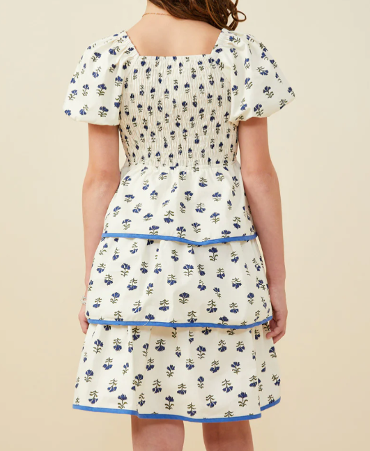 Girls Ditsy Floral Tiered Smocked Contrast Bow Dress