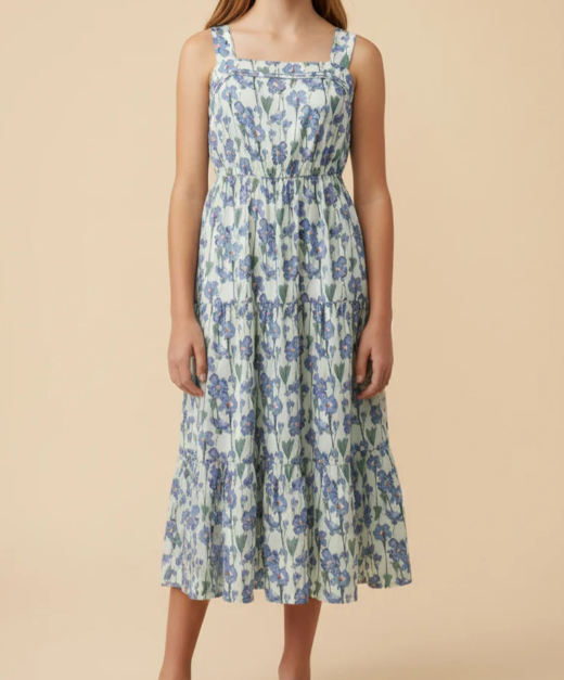 Girls Floral Print Pleat Detail Sleeveless Poplin Dress