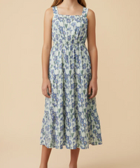 Girls Floral Print Pleat Detail Sleeveless Poplin Dress