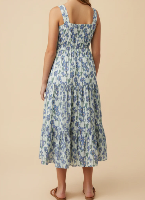 Girls Floral Print Pleat Detail Sleeveless Poplin Dress