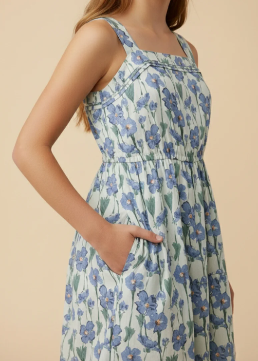 Girls Floral Print Pleat Detail Sleeveless Poplin Dress