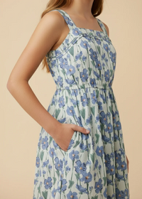 Girls Floral Print Pleat Detail Sleeveless Poplin Dress