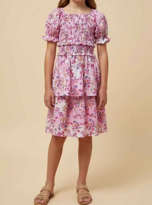 Girls Floral Smocked Square Neck Dress