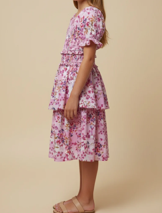 Girls Floral Smocked Square Neck Dress