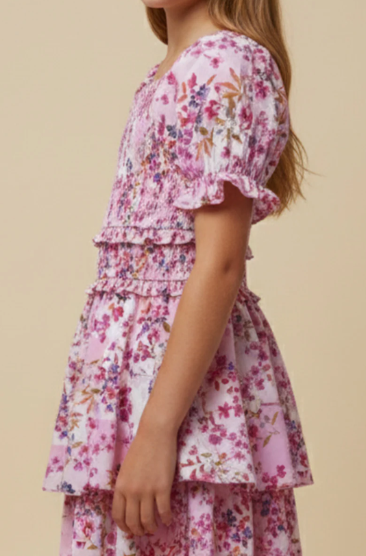 Girls Floral Smocked Square Neck Dress
