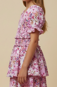 Girls Floral Smocked Square Neck Dress