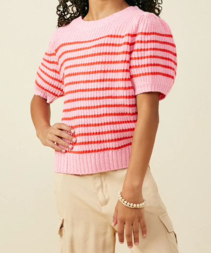 Girls Striped Puff Sleeve Short Sleeve Sweater Knit top