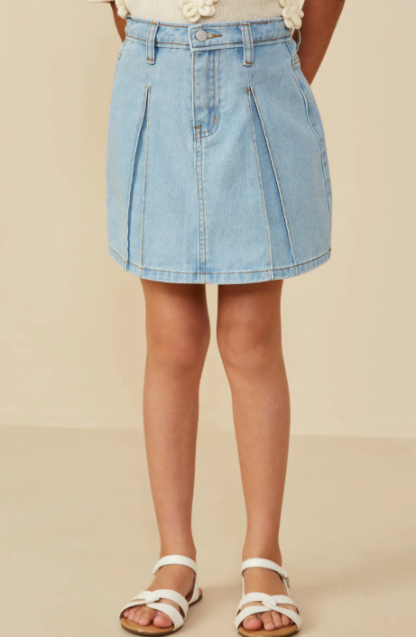 Girls Box Pleated Washed Denim Skirt