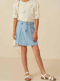 Girls Box Pleated Washed Denim Skirt