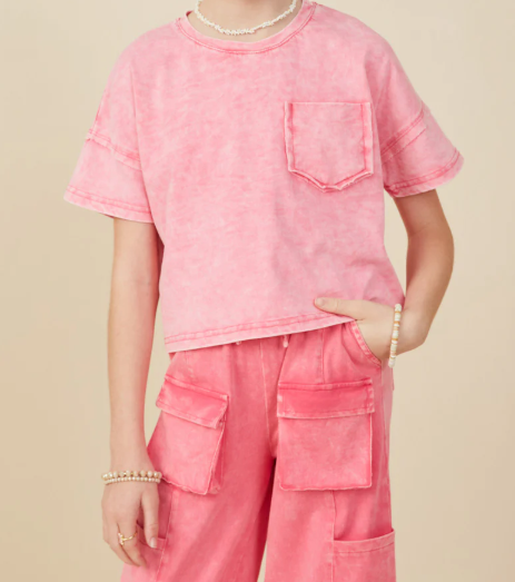 Girls Washed Raw Edge Detail Pocket Tshirt
