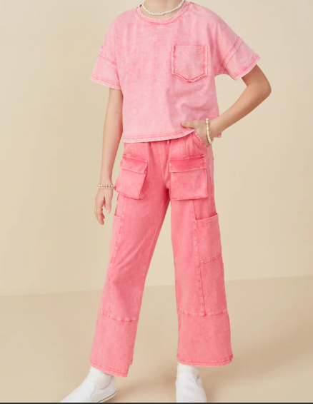 Girls Washed Raw Edge Detail Pocket Tshirt