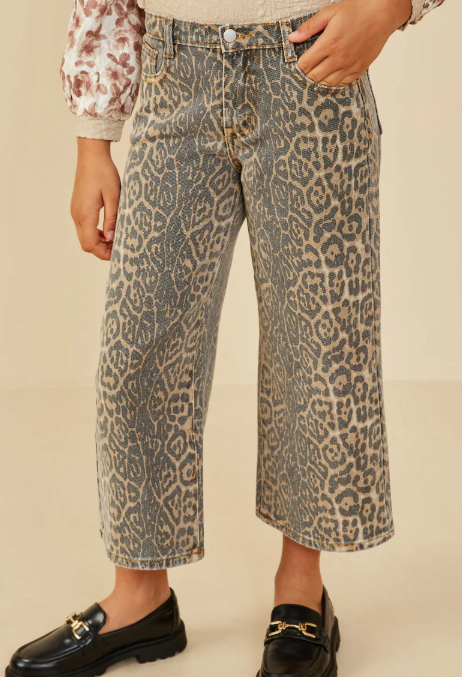 Girls Washed Leopard Print Relaxed  Fit Denim Jeans