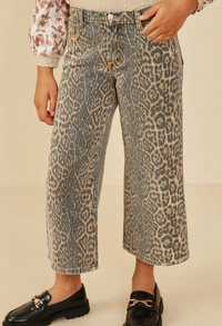 Girls Washed Leopard Print Relaxed  Fit Denim Jeans