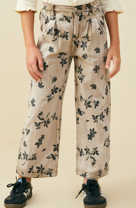 Girls Floral Printed Washed Wide Leg Jean Mocha