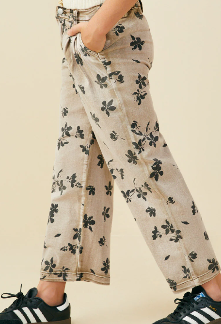 Girls Floral Printed Washed Wide Leg Jean Mocha