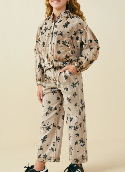 Girls Floral Printed Washed Wide Leg Jean Mocha