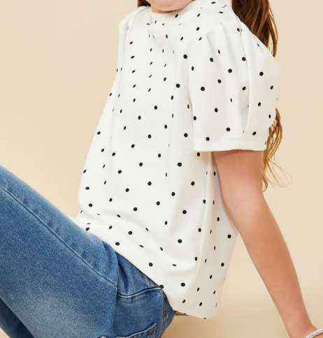 Girls Puff Sleeve Polka Dot Tee