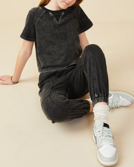 Girls Washed Short Sleeve Knit Sweat Set Black
