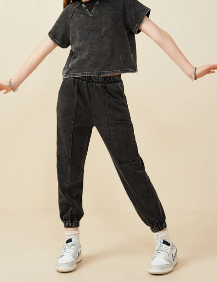 Girls Washed Short Sleeve Knit Sweat Set Black