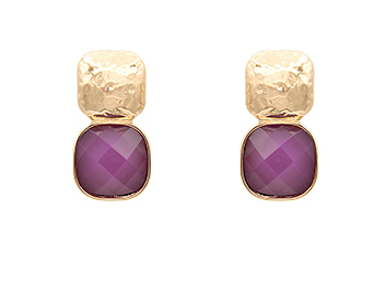 Glass Cushion & Texture Metal Earrings Purple