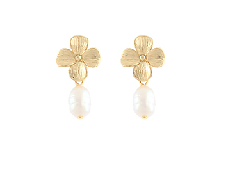 Brass Pearl Flower Drop Earrings