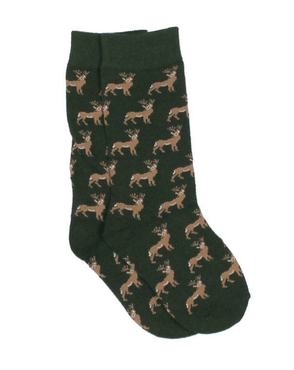Dark green sock with deer pattern on a white background