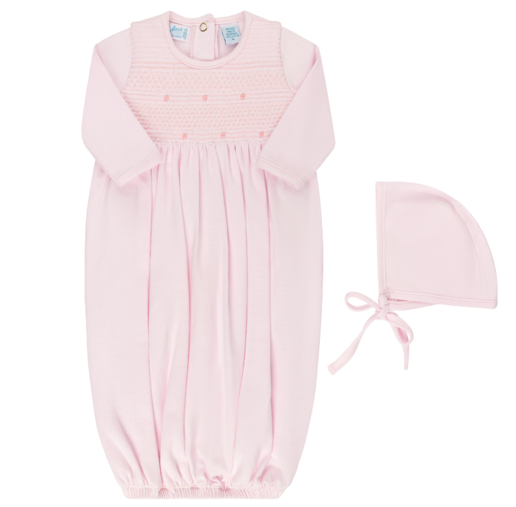 Baby Smocked Bullion Gown With Hat Pink