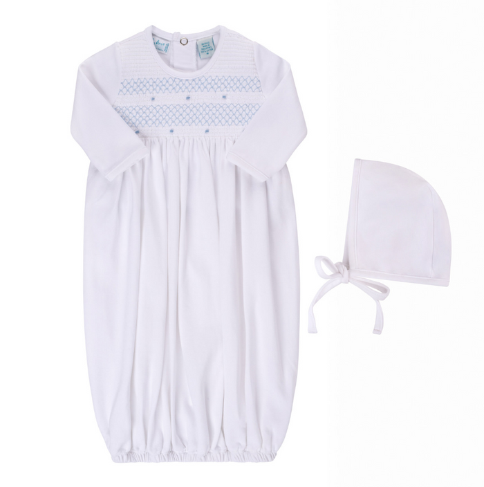 Baby Smocked Bullion Gown With Hat White/Blue