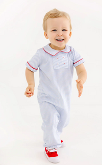 Benny Button Romper Beale Street Blue Stripe