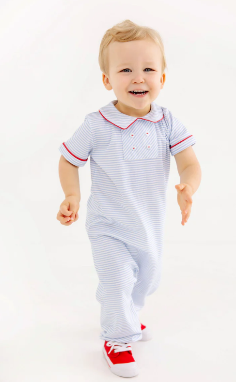 Benny Button Romper Beale Street Blue Stripe