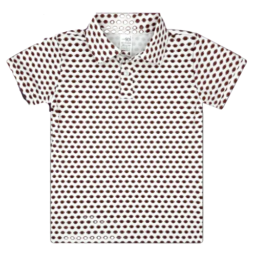 A short-sleeve kids polo shirt with a brown and white football pattern, displayed flat against a white background.
