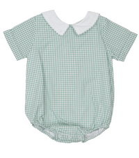 A short-sleeve baby romper in a green and white gingham check pattern, featuring a contrasting solid white Peter Pan collar.