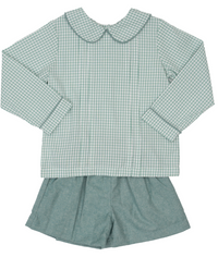 A two-piece children's outfit set featuring a long-sleeve gingham top in sage green and white with a Peter Pan collar, paired with matching sage green shorts.