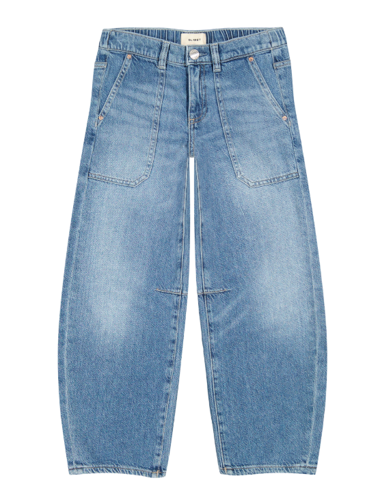 Kids Light blue denim jeans with a relaxed straight-leg fit, featuring front patch pockets and a faded wash, shown flat on a white background.