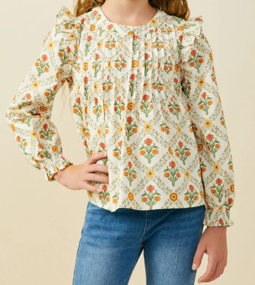 Girls Pleat Detailed Ruffled Block Print Peplum Top