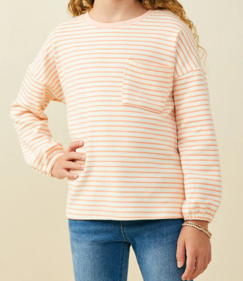 Girls Soft Stripe Knit Contrast Banded Long Sleeve Tee Peach
