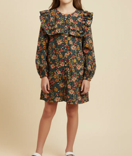 Girls Floral Print Double Ruffle Button Down Dress