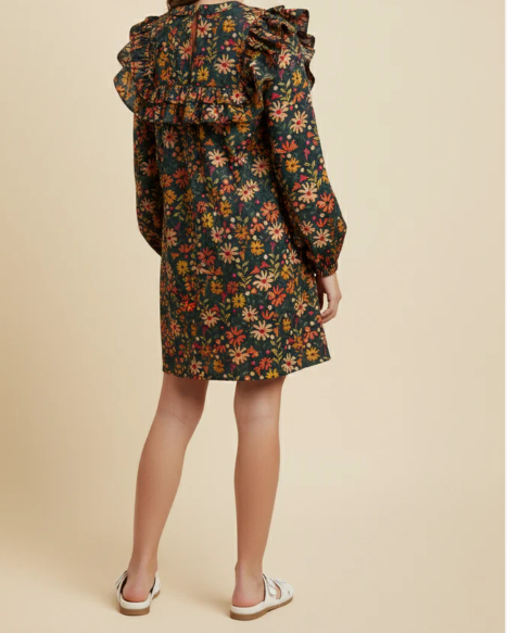 Girls Floral Print Double Ruffle Button Down Dress