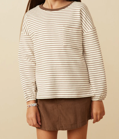 Girls Soft Stripe Knit Contrast Banded Long Sleeve Tee Taupe