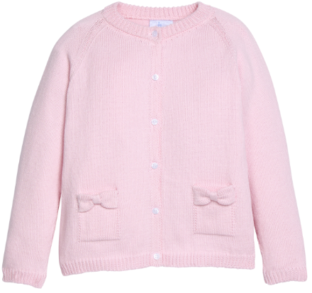 A light pink ribbed knit cardigan sweater with a round neckline, button-front closure, and two front pockets with bow details, shown on a plain white background.
