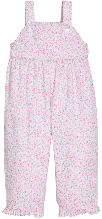 A baby girl's floral print jumpsuit in light pink and white, featuring ruffled shoulder straps and a ruffled hem.