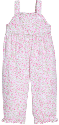 A baby girl's floral print jumpsuit in light pink and white, featuring ruffled shoulder straps and a ruffled hem.