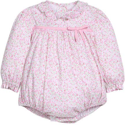 A baby long-sleeve romper in a light pink and white floral print, featuring a ruffled collar, a matching pink bow at the chest, and elasticized cuffs and hem.