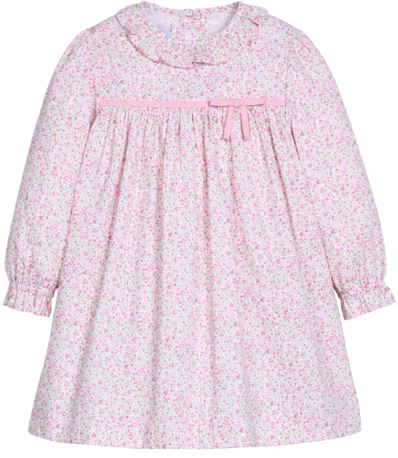 A long-sleeve baby dress with a delicate pink and white floral print, featuring a ruffled Peter Pan collar, gathered waist, and a matching pink ribbon bow at the chest.