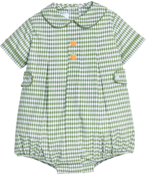 A green and white gingham baby romper with a Peter Pan collar, short sleeves, side pockets, and three orange buttons on the front.