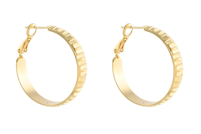 A pair of gold hoop earrings with a textured, ridged outer edge and a smooth inner band, shown on a plain white background.