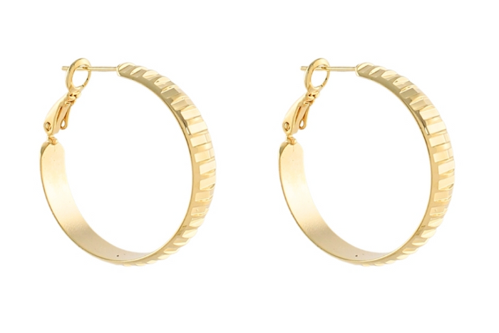 A pair of gold hoop earrings with a textured, ridged outer edge and a smooth inner band, shown on a plain white background.