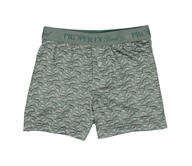 A pair of men's boxer briefs by Properly Tied, featuring an all-over abstract leaf pattern in sage green and gray with a matching sage green elastic waistband.