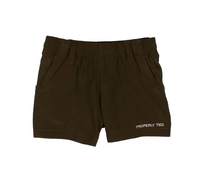 A pair of dark olive brown shorts with an elastic waistband and side pockets, featuring the text 'PROPERLY TIED' printed in white on the lower left leg, shown against a plain white background.