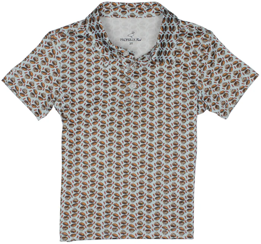 A short-sleeve polo shirt with an all-over repeating geometric pattern in brown, beige, and white, displayed flat against a white background.